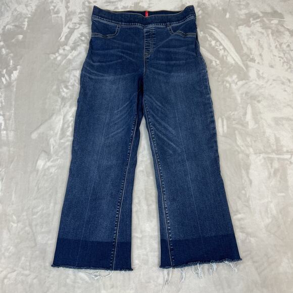 Spanx Jeans Womens Large Blue Denim Cropped Flare Pull On Elastic Waist Stretch - Picture 1 of 13
